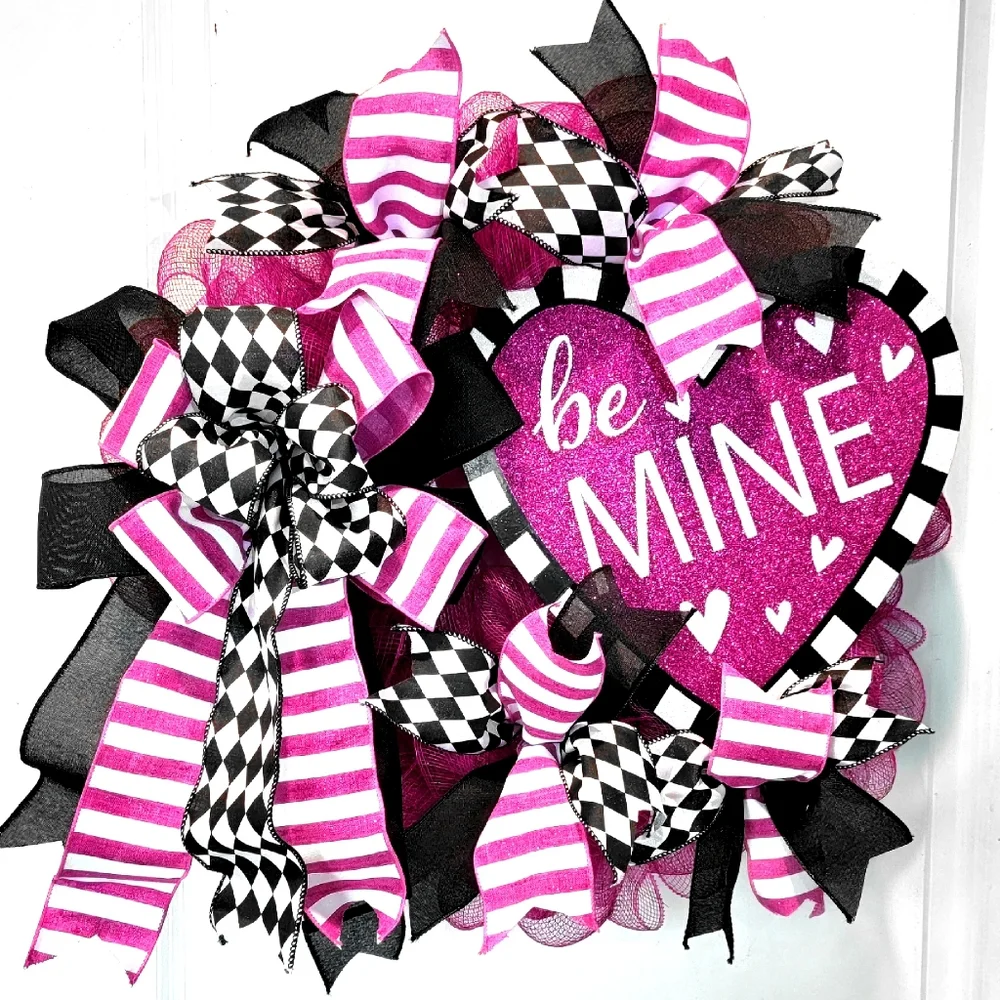 Be Mine Wreath Deco Mesh Bows Magent & Black Engagement Wedding Anniversary